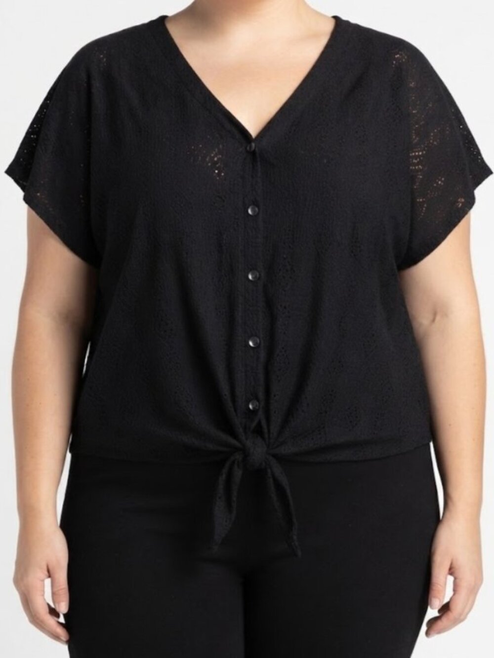 Black Eyelet Button-Up Tie-Hem Top